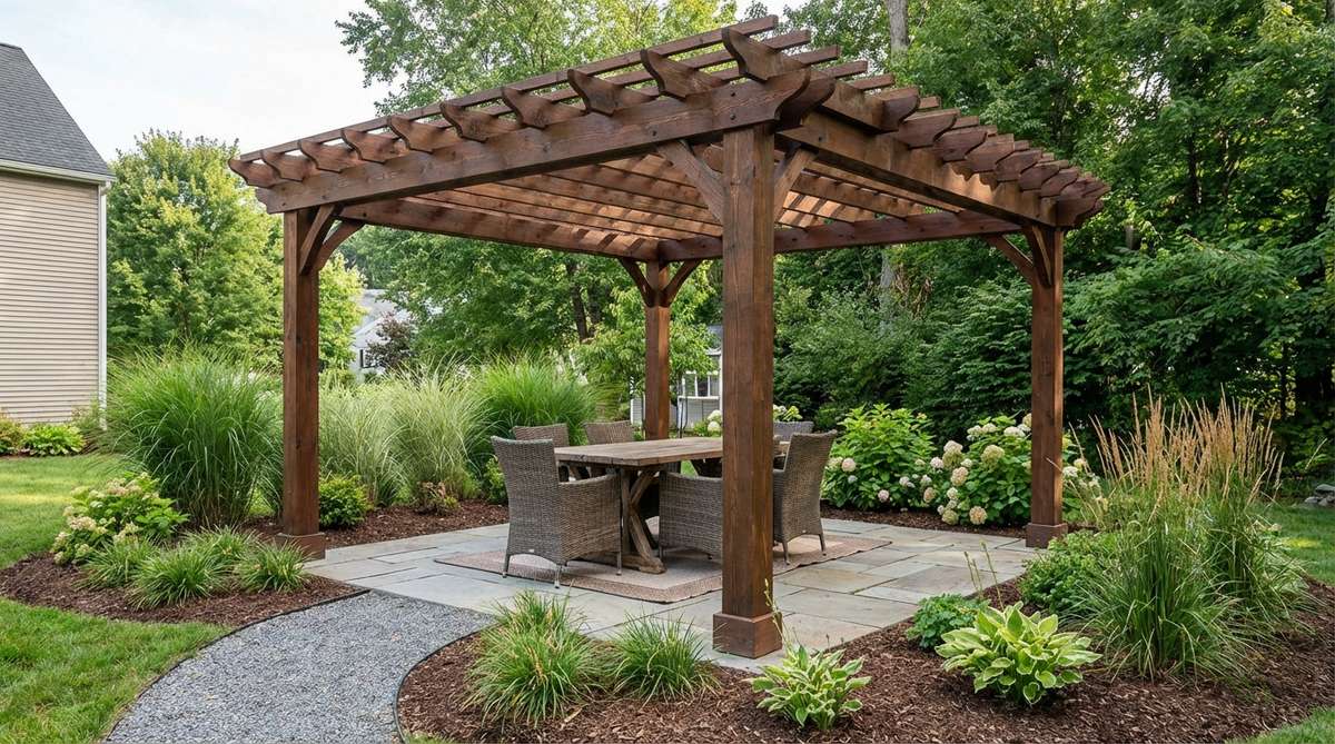 A square pergola measuring 6×6 or 8×8 feet with four 6×6 inch corner posts and 2×8 inch rafters spaced 16 inches apart, designed to fit tight garden spaces while providing defined zones for dining or lounging. The symmetrical freestanding structure allows flexible placement anywhere in the garden, serving as a focal point that anchors seating areas without visual clutter.