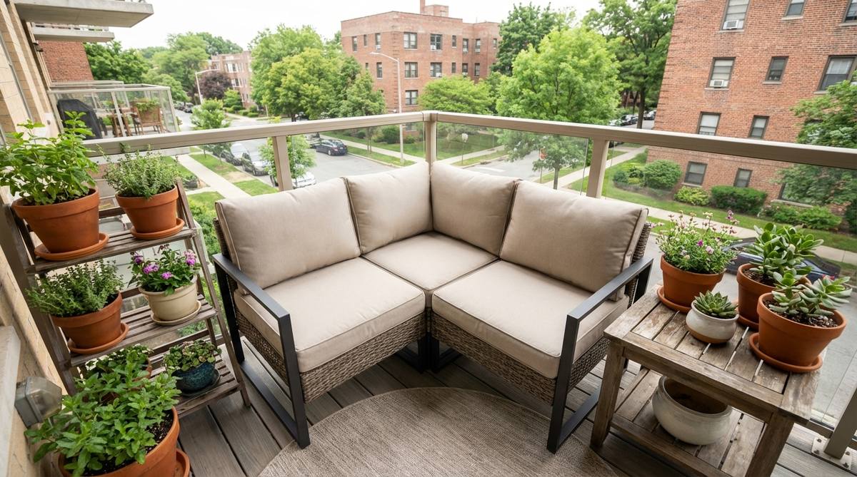 A weather-resistant sectional sofa designed for small balconies, featuring modular two-piece configurations in all-weather wicker with aluminum frames and quick-dry foam cushions, ideal for maximizing seating capacity while maintaining a cohesive aesthetic.