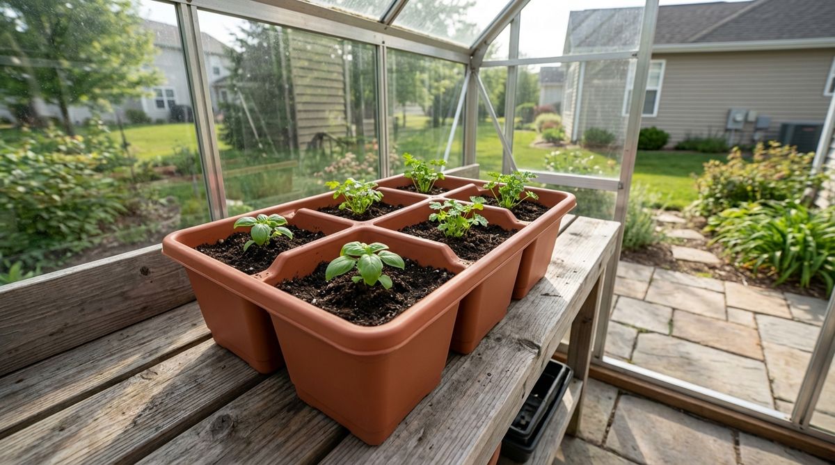 A compact six-cell herb starter tray designed for culinary herbs like basil, cilantro, and parsley, featuring generously sized cells to prevent overcrowding and reinforced walls to keep soil separate, ideal for small countertop spaces in a mini garden greenhouse.