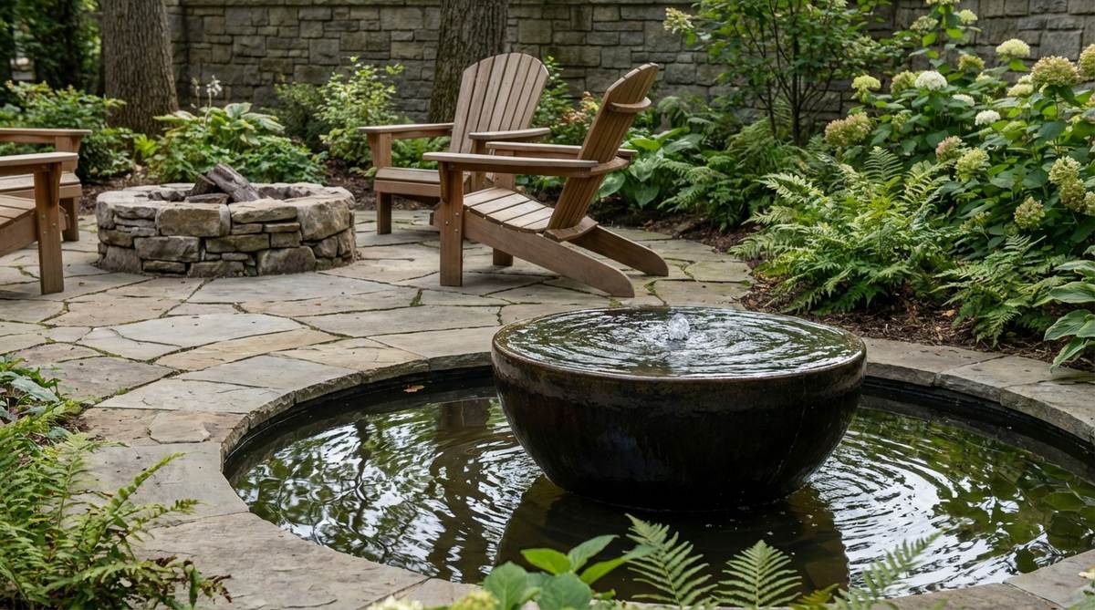 A small stone or ceramic basin fountain bubbling gently in a garden corner, creating a soothing soundscape with reflections on the water surface. Positioned near a seating area with a self-contained pump kit for a quiet, splash-free flow, it masks street noise and enhances privacy in tight suburban lots.