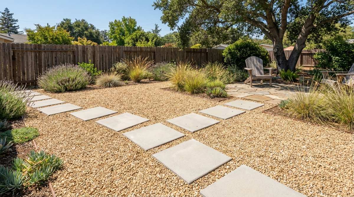 A gravel garden featuring large-format concrete pavers set atop a gravel field, creating stepping-stone pathways. The 24x24-inch pavers are spaced 18 inches apart, surrounded by 2-inch gray or tan gravel, establishing circulation routes while allowing rainwater infiltration and reducing hardscape costs.