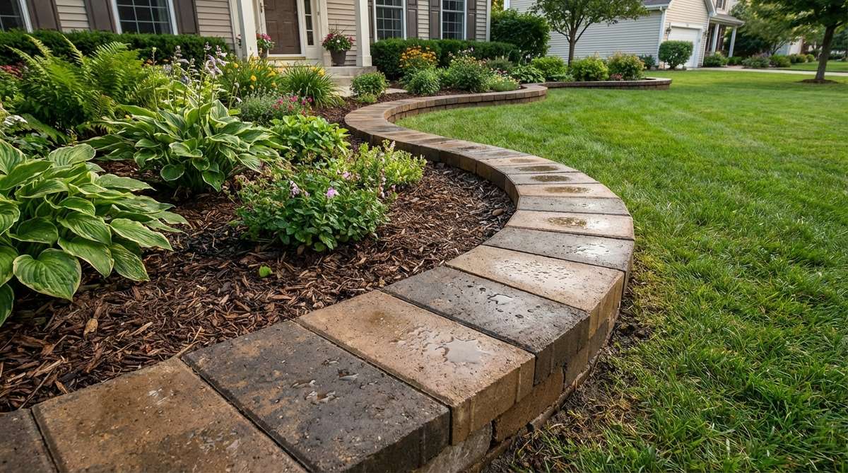 A curved garden border created with 4x8-inch concrete pavers, showing how they follow the natural curve of a flower bed. The image demonstrates proper cutting techniques for tight radius turns and the blending of existing and new pavers for a seamless appearance. The concrete material's resistance to moisture absorption is highlighted, making it ideal for humid climates.