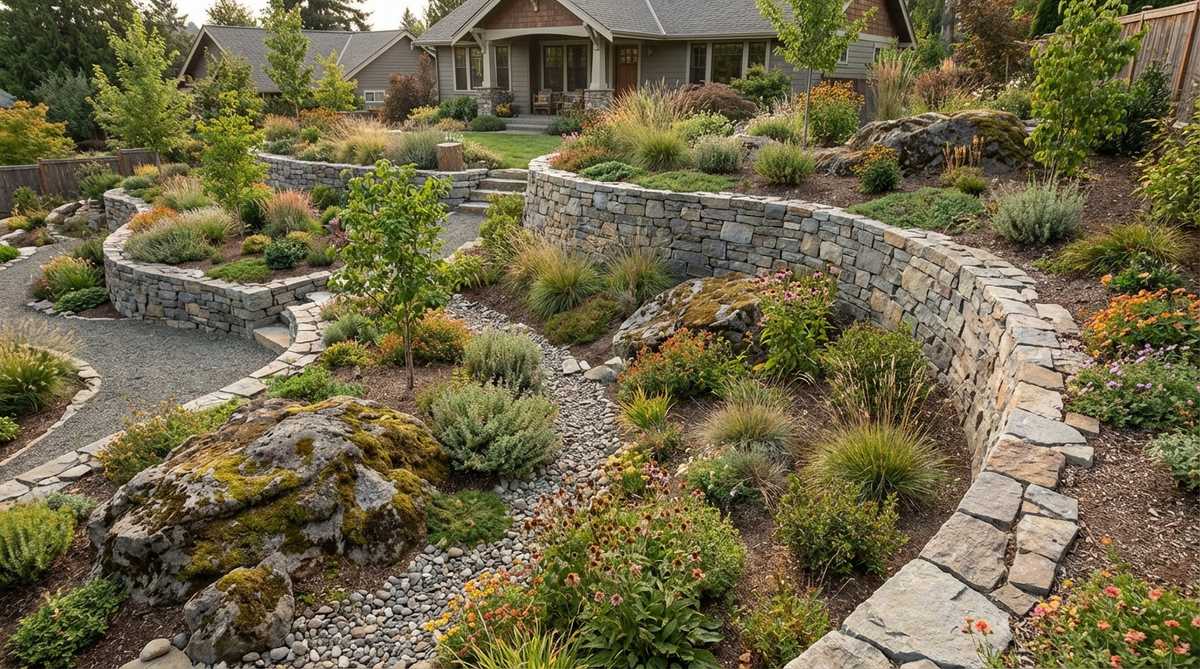 A sloped garden with curved retaining walls that follow natural elevation lines, demonstrating how organic shapes respond to drainage patterns and rock outcroppings while reducing visual mass and creating microclimates.