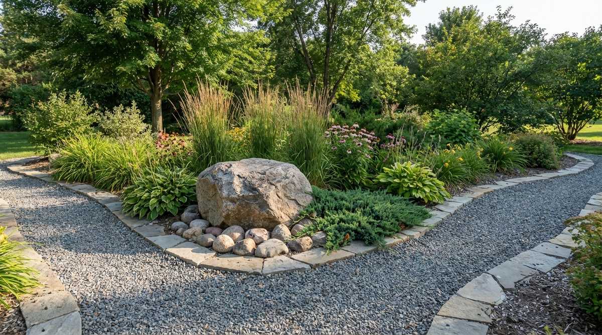 A garden corner featuring a large boulder placed at the junction of two bed lines, flanked by medium-sized companion rocks and surrounded by decorative gravel to soften angles and define transition zones.