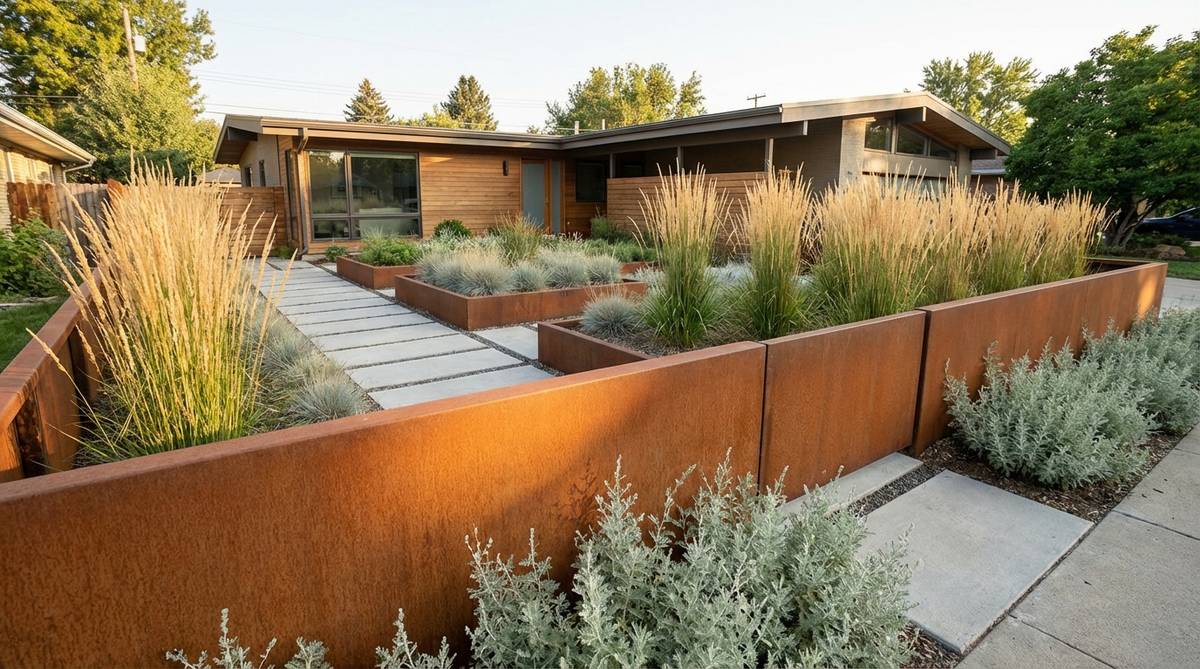 A contemporary front yard garden featuring corten steel boundaries with their distinctive rusted orange-brown patina. The industrial-chic steel edging creates clean geometric lines as raised bed borders and property dividers, contrasting beautifully with soft ornamental grasses and silvery foliage plants like artemisia. This low-maintenance design element adds warmth and definition to minimalist garden spaces.