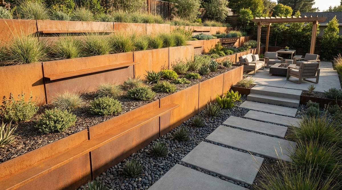 A modern garden featuring tiered Corten steel retaining walls creating dramatic elevation changes with welded horizontal plates and vertical faces. The rust patina complements stone mulch and concrete pavers in a sloped landscape design.
