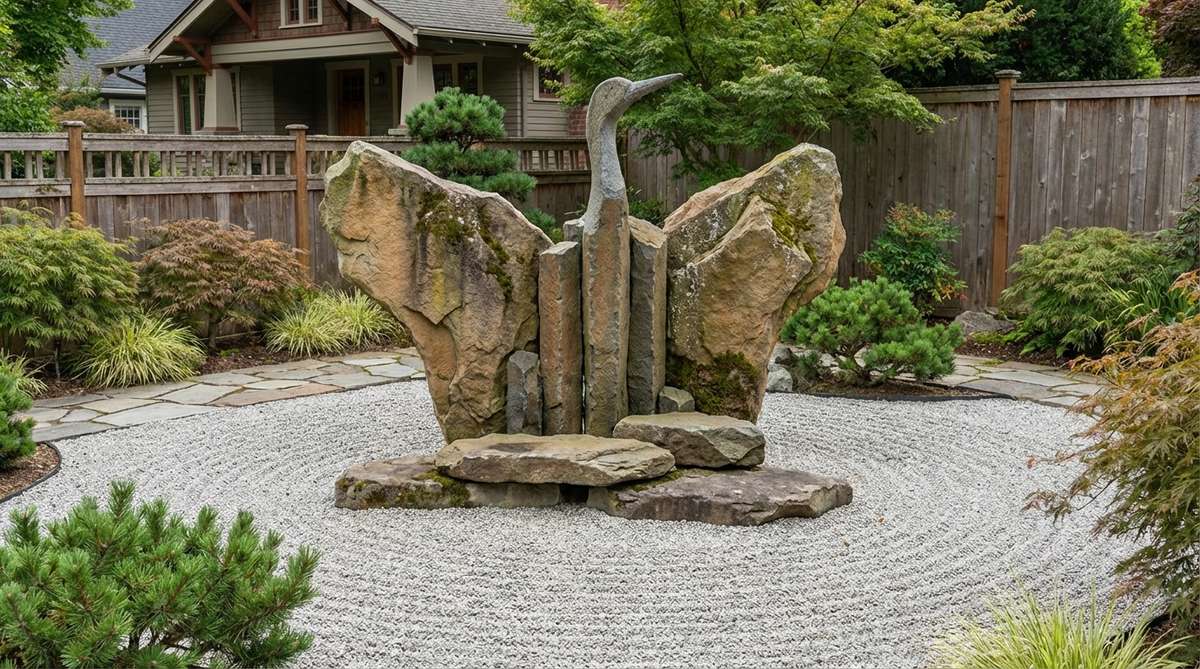 A vertical stone arrangement in a zen garden depicting a crane in flight, with tall columnar stones forming the body and flanking rocks as wings, symbolizing lightness and transcendence. Balanced by low horizontal stones at the base and surrounded by negative space to emphasize height.