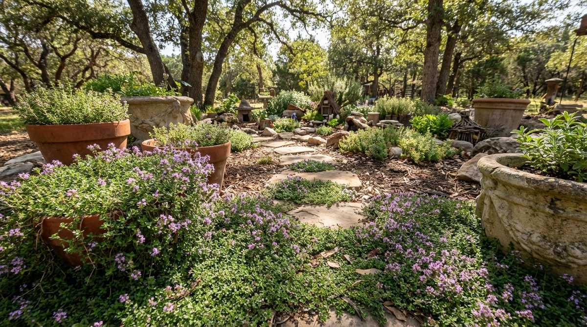 A low-growing carpet of creeping thyme with aromatic foliage and seasonal purple blooms, draping gracefully over container edges in a sunny fairy garden setting. This fragrant meadow plant substitutes for moss, tolerates foot traffic, and creates natural transitions with varieties like Elfin thyme or Red Creeping thyme.