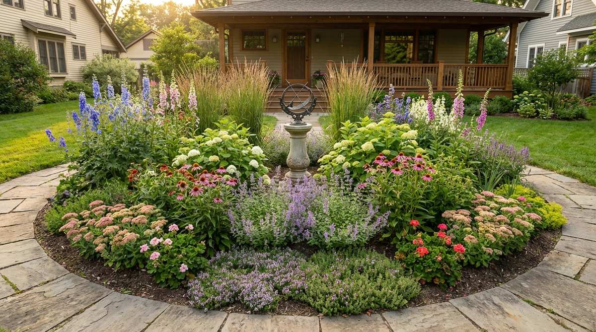 A semicircular planting bed in a cottage garden wraps around a central focal point like a sundial or birdbath, with plants arranged in concentric arcs from tall specimens at the back to ground covers at the front edge, creating natural flow and directing attention to the featured element.