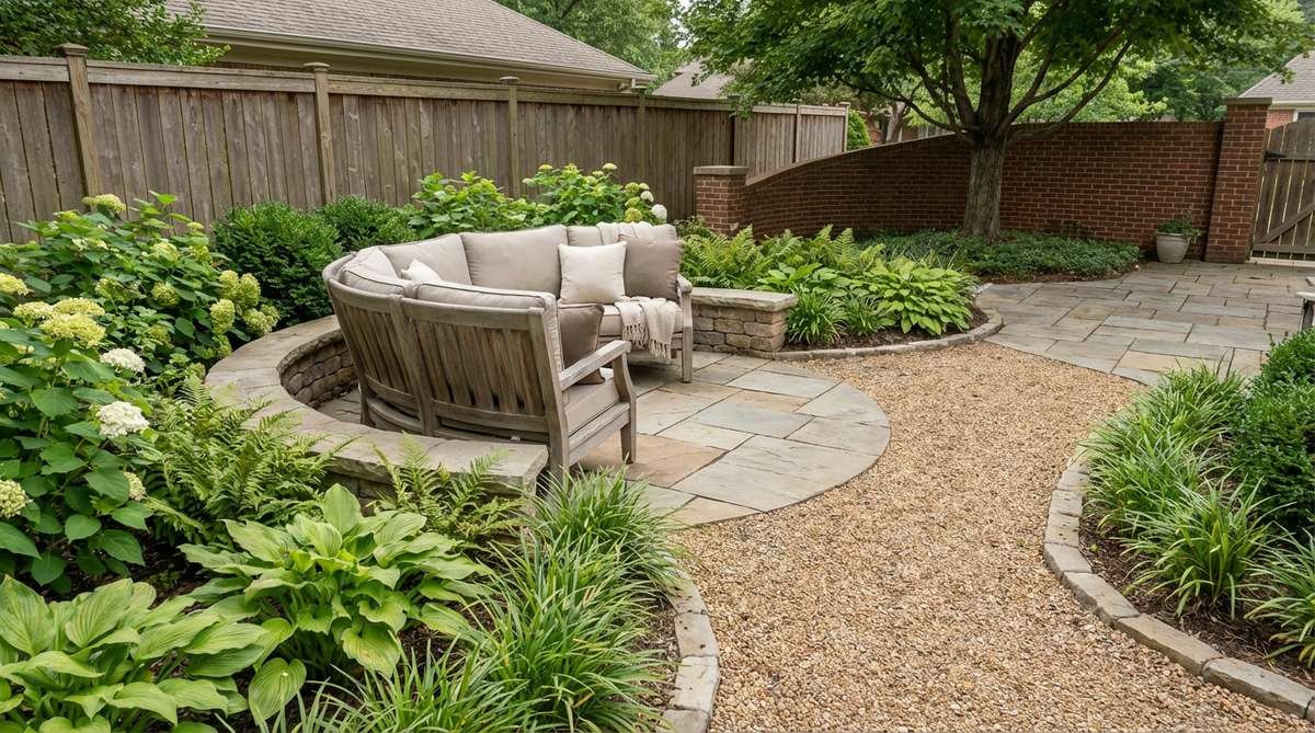 A curved or rounded loveseat installed in a garden corner, following the natural arc to soften hard angles and provide comfortable two-person seating. This arrangement complements rounded architectural features or curved pathways, often paired with curved planters to enhance the flowing design aesthetic in a cozy garden setting.