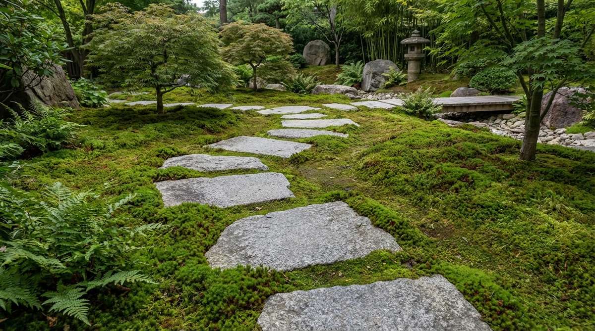 A serene Japanese garden scene featuring large flat stones arranged in a gentle S-curve through lush moss, with moss growing up to and partially over the stone edges for a soft, natural transition.