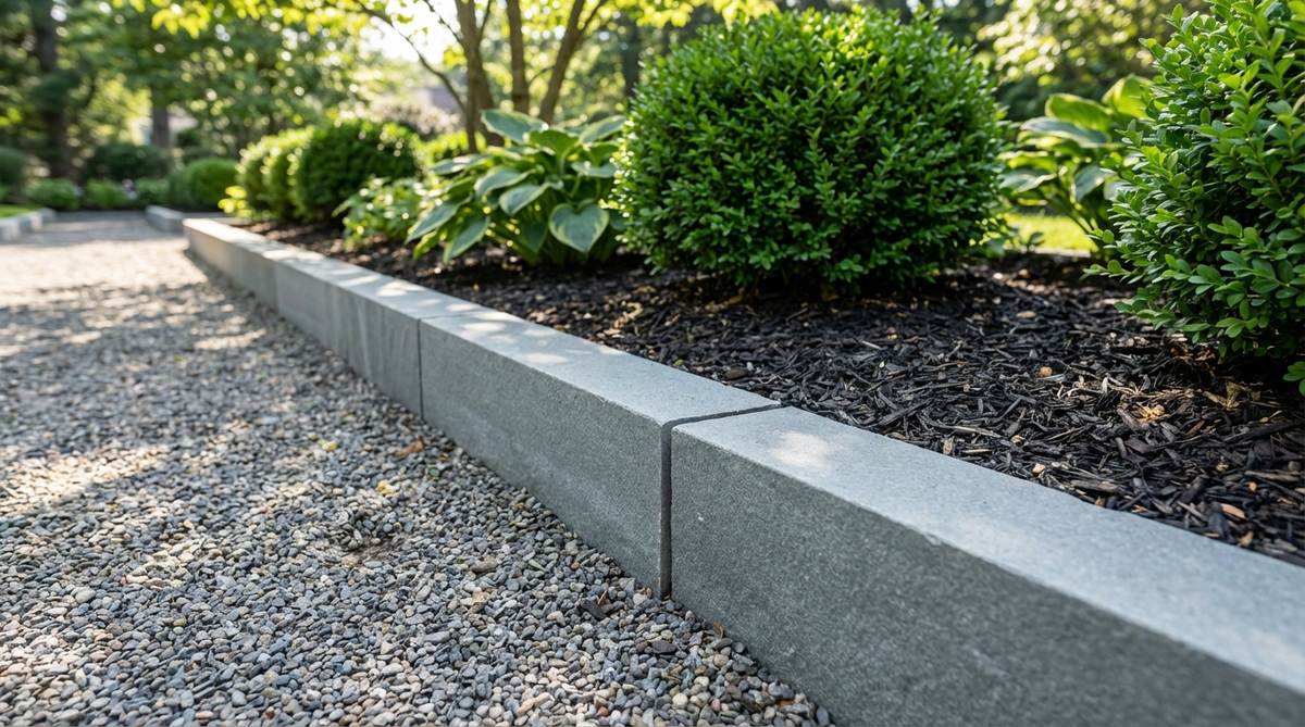 A close-up photo of machine-cut bluestone strips used as linear edging in a garden, showcasing their sharp, precise edges and clean alignment along a straight pathway or flower bed. The image highlights the durable, dense stone material that resists chipping and maintains crisp lines over time, ideal for professional landscape architecture.