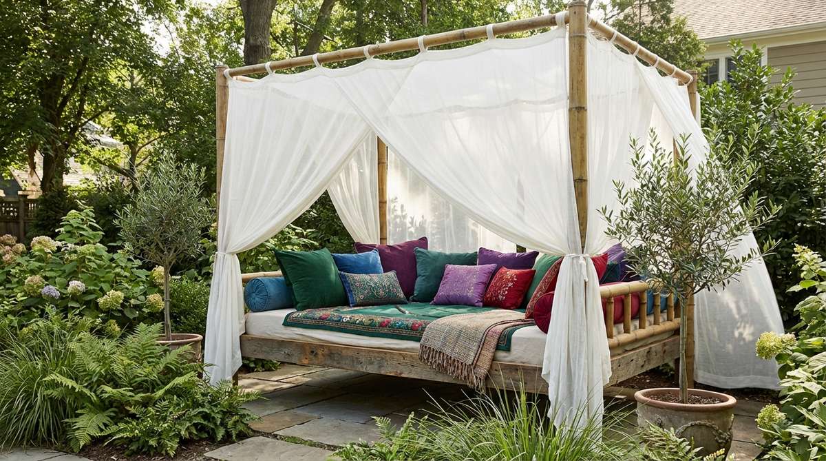 An outdoor daybed with a white muslin canopy, featuring a reclaimed wood or bamboo frame, sheer curtains, and layered cushions in jewel tones, creating a dreamy boho garden retreat.
