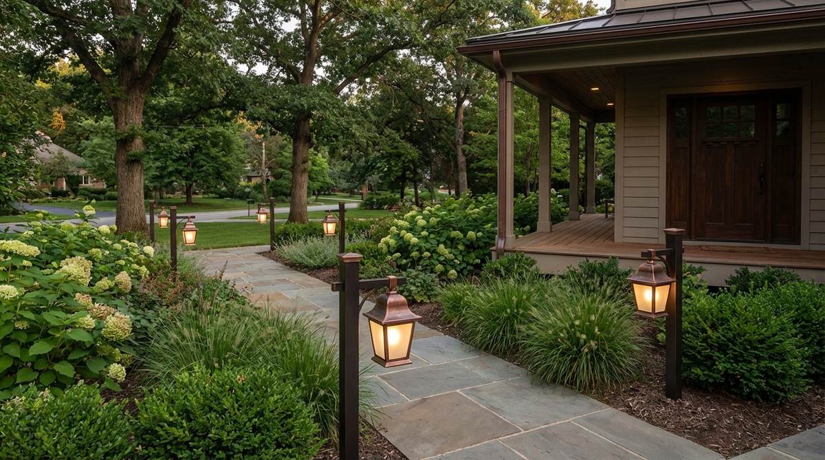 Post-mounted decorative lights along a walkway leading to a porch, spaced 8-10 feet apart for consistent illumination and visual guidance. Features sculptural designs in bold finishes that coordinate with door hardware, serving as landscape elements during the day and lighting at night.