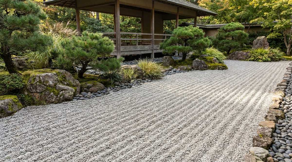 A close-up photograph showing diagonal gravel raking lines in a traditional Japanese garden. The raked lines run from corner to corner across a rectangular gravel area, creating dynamic visual energy that guides movement through the space. This technique is particularly effective in compact garden plots where it adds visual length and directs attention toward viewing pavilions or architectural elements.