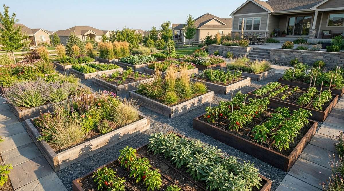 A modern garden bed featuring a diamond grid arrangement, where square beds are rotated 45 degrees to form diamond shapes aligned along diagonal axes. This layout creates dynamic visual movement and includes narrow pathways forming X-patterns, dividing the space into distinct planting zones for practical crop rotation.
