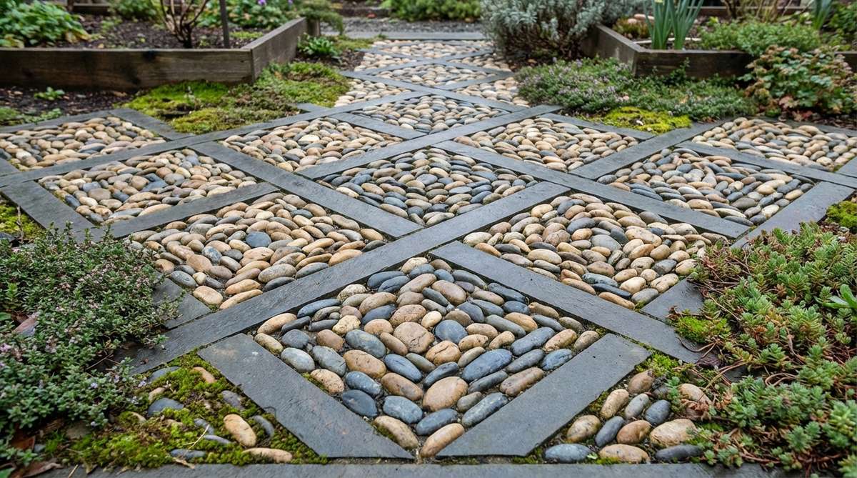 A close-up view of a diamond lattice pattern in a stone garden mosaic, showing diagonal lines of contrasting pebbles forming interlocking diamond shapes. The design features crisscross diagonals with two or three stone colors, creating sophisticated texture underfoot. Small rounded pebbles fill the diamond shapes while larger flat stones form the lattice framework, suitable for transitional garden spaces.