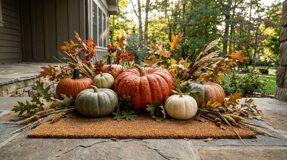 A clustered arrangement of 5-7 pumpkins in varying sizes on a doormat or entry platform, featuring one statement pumpkin as the focal point surrounded by smaller varieties in complementary hues. Autumn foliage including oak leaves, maple branches, and dried grasses is woven throughout the grouping, creating a low-profile design with maximum visual impact at eye level for approaching guests.
