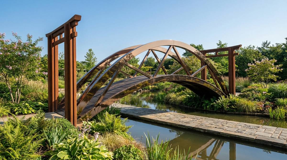 A contemporary Japanese garden bridge featuring a double-arch lenticular truss design with mirrored steel arches in earth tones, wooden decking, and vertical columns resembling torii gates, offering elevated and water-level crossing experiences without center supports.