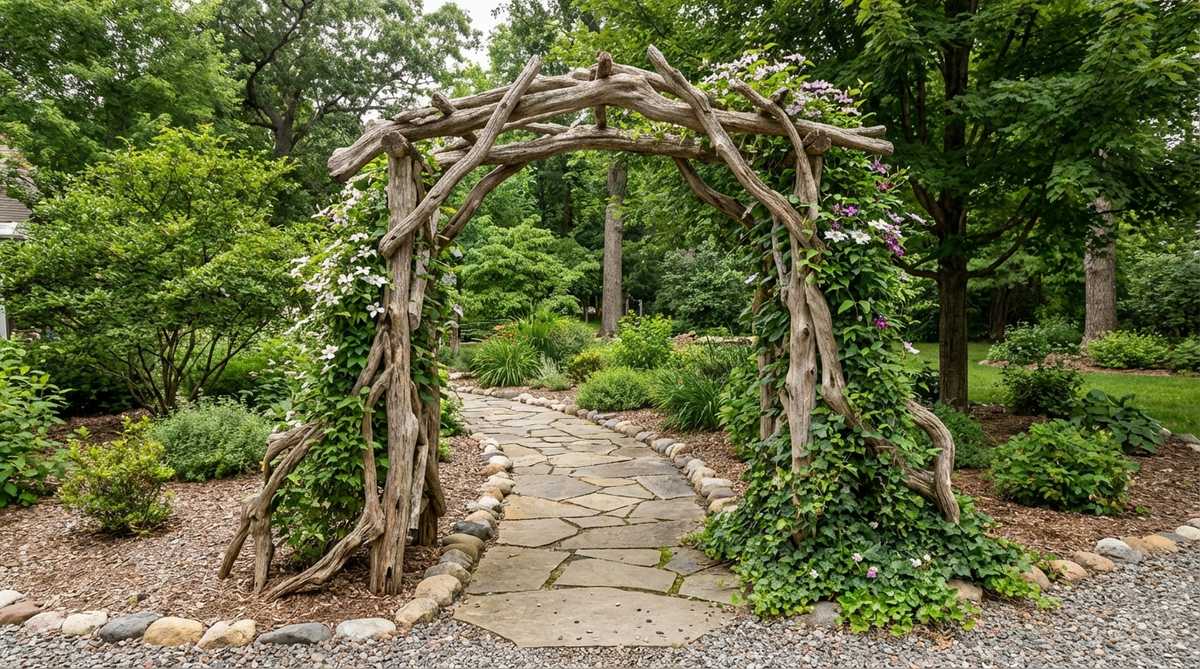 A rustic driftwood garden arch made from naturally sculpted branches, forming an artistic entrance frame with organic curves. This unique statement piece, shaped by water and time, supports lightweight climbing plants and coordinates with stone pathways and gravel mulch in outdoor decor settings.