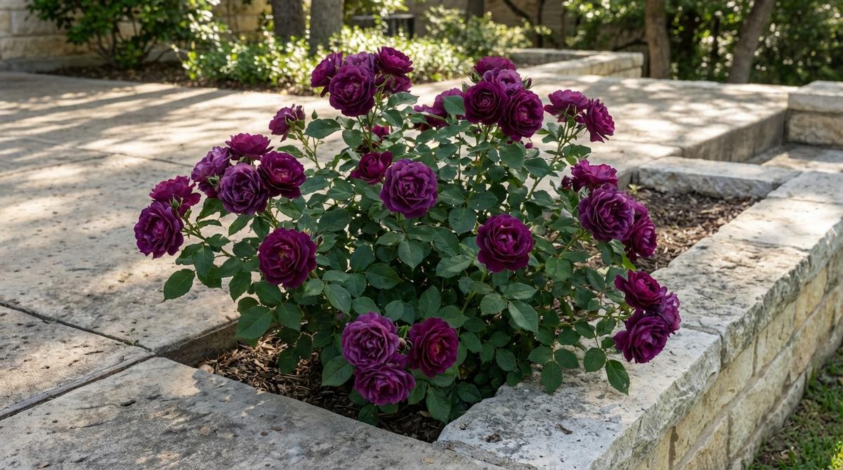 A close-up photograph of the Ebb Tide floribunda rose, showcasing its deep plum-purple flowers with a clove fragrance. The blooms contrast against modern garden elements like concrete or limestone, highlighting its suitability for contemporary patios and disease-resistant, compact growth.