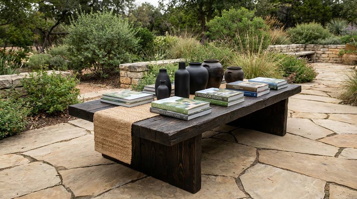 A rustic ebony-stained wood coffee table showcasing visible natural wood grain through dark stain, topped with a jute runner, ceramic vessels, and coffee table books to create a layered black boho aesthetic.