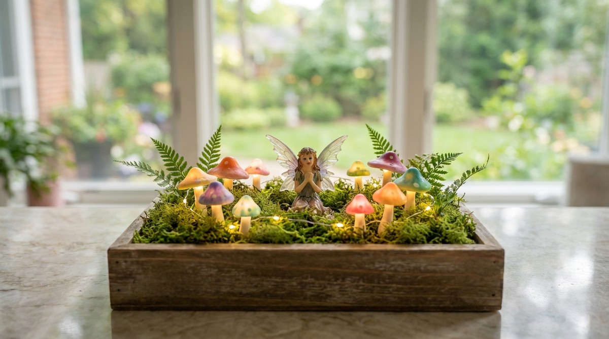 A magical mini garden featuring polymer clay or resin mushrooms encircling a fairy figurine, set on preserved moss with miniature ferns. Tiny LED lights create an ethereal glow, perfect for indoor display with low maintenance.