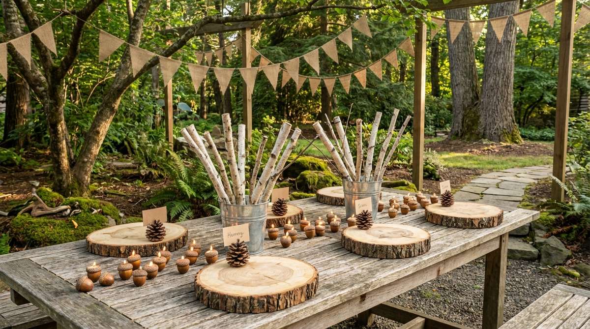 A rustic woodland-themed mini garden party setup featuring natural wood slices as chargers, birch branches in galvanized buckets, pinecone place card holders, acorn-cap votive covers, and burlap pennant banners. This enchanted hideaway design uses organic textures and forest findings to create a magical outdoor dining experience that complements garden features.