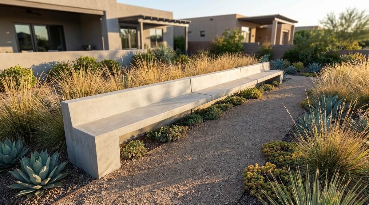 A contemporary garden bench featuring an extended linear design with continuous seating, spanning 8 to 12 feet to accommodate multiple guests. It has unbroken horizontal lines, ideal for defining patio edges or creating gallery-like seating along garden paths. Constructed from single-material runs like wood slats or concrete, it emphasizes a streamlined, minimalist form, suitable for drought-tolerant landscapes with ornamental grasses and succulents providing textural contrast.