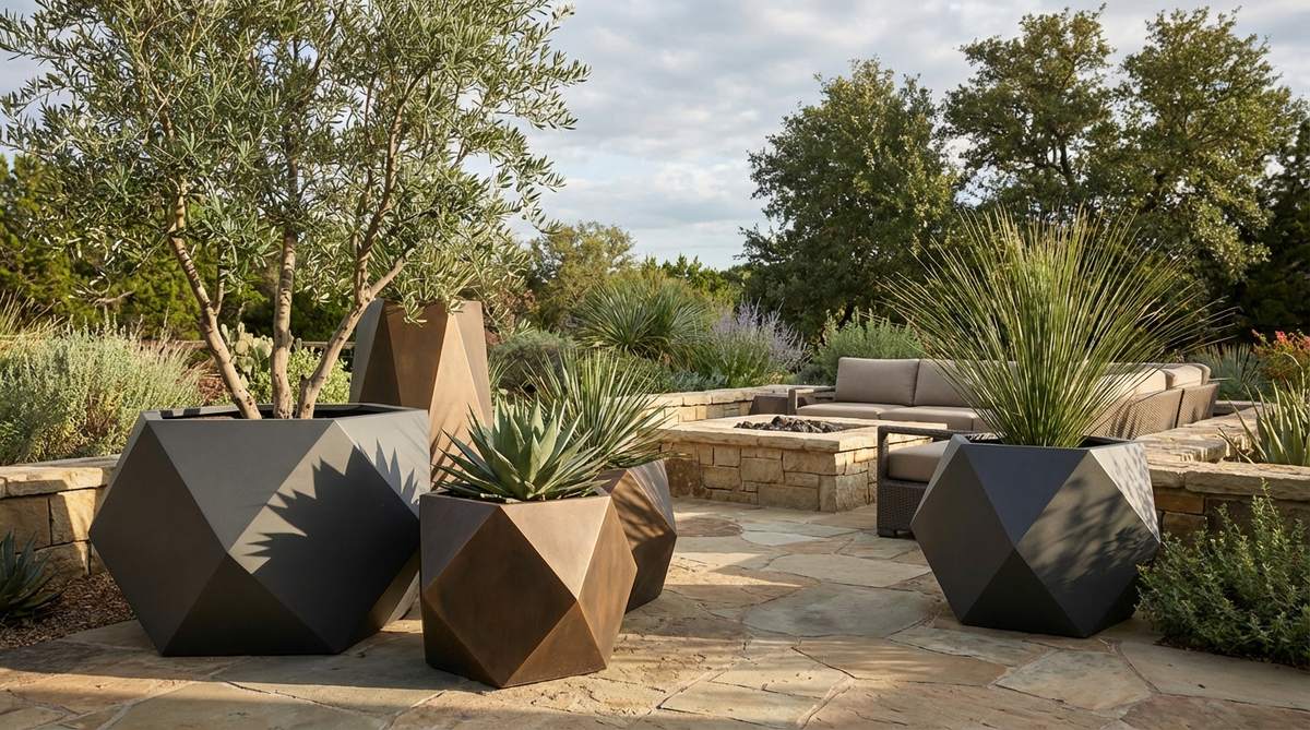 Multi-sided planters with angular facets that catch light from different angles, serving as sculptural standalone art pieces. Made from powder-coated aluminum or resin composite for weather resistance and sharp edge definition, ideal for statement trees or architectural plants in modern outdoor decor.