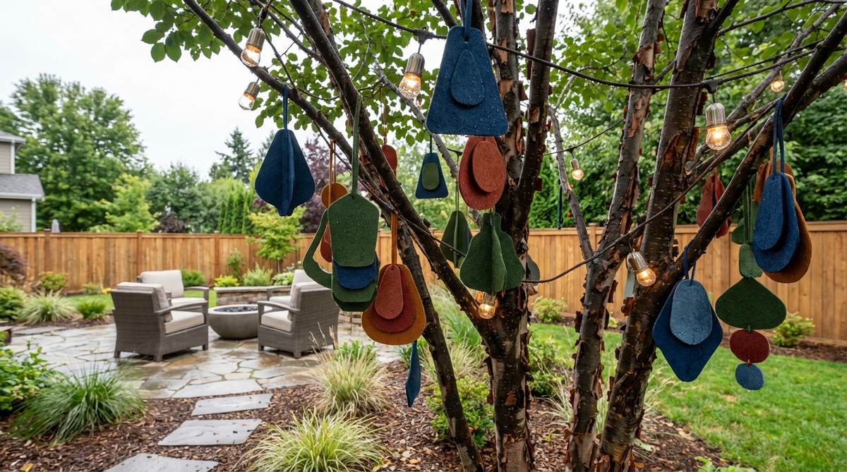 Industrial felt ornaments with water-resistant properties, showcasing rich colors that maintain saturation through rain exposure. These lightweight, soft shapes are layered on interior branches of an outdoor decor tree, creating visual contrast against bark and metallic lights.