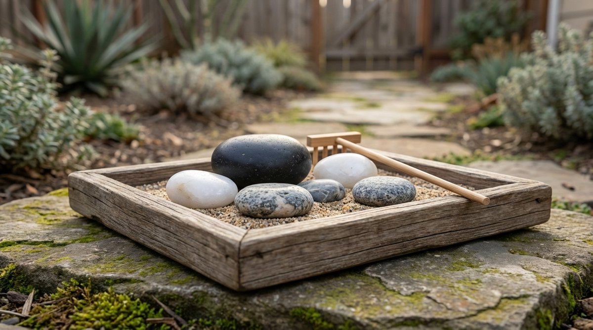 A close-up photograph of five polished stones arranged in a wooden tray, representing the Five Wisdoms of Buddhism. The collection includes black basalt, white quartz, and grey granite stones of varying sizes and colors, creating visual interest while maintaining philosophical meaning. This miniature Zen garden element serves as a meditation focal point for practitioners to arrange according to personal wisdom goals.
