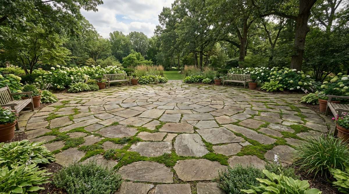 A circular arrangement of large flagstones creating a defined ceremony area in a garden wedding. The irregular stone pieces fit together with gaps filled by fragrant moss or creeping thyme, providing stable footing for an intimate ceremony of 30-50 guests gathered around the perimeter.