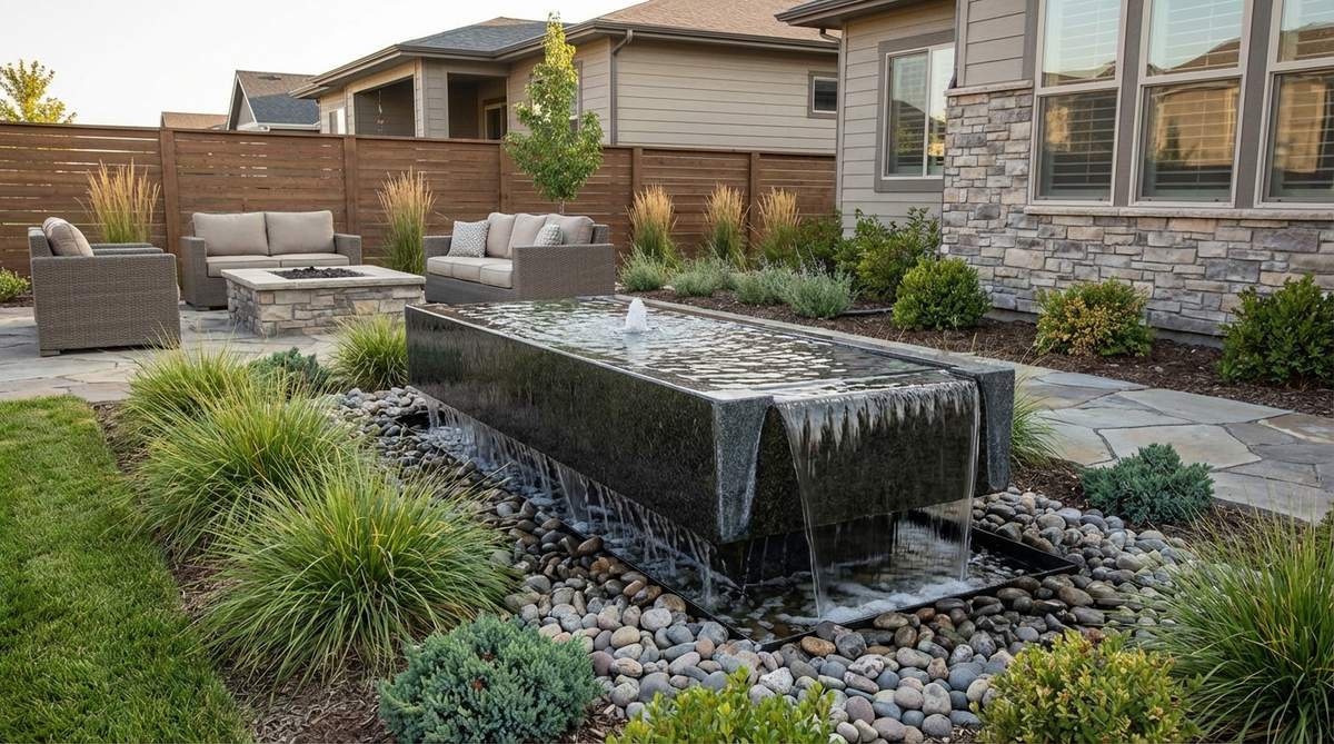 A modern garden fountain featuring a floating linear trough, a rectangular structure that appears to hover above the ground with water cascading over all four edges into a hidden catch basin. This design creates a 350-degree water display, offering visual lightness and contrast with surrounding architectural elements, supported by concealed structural elements within the hardscape or plantings.