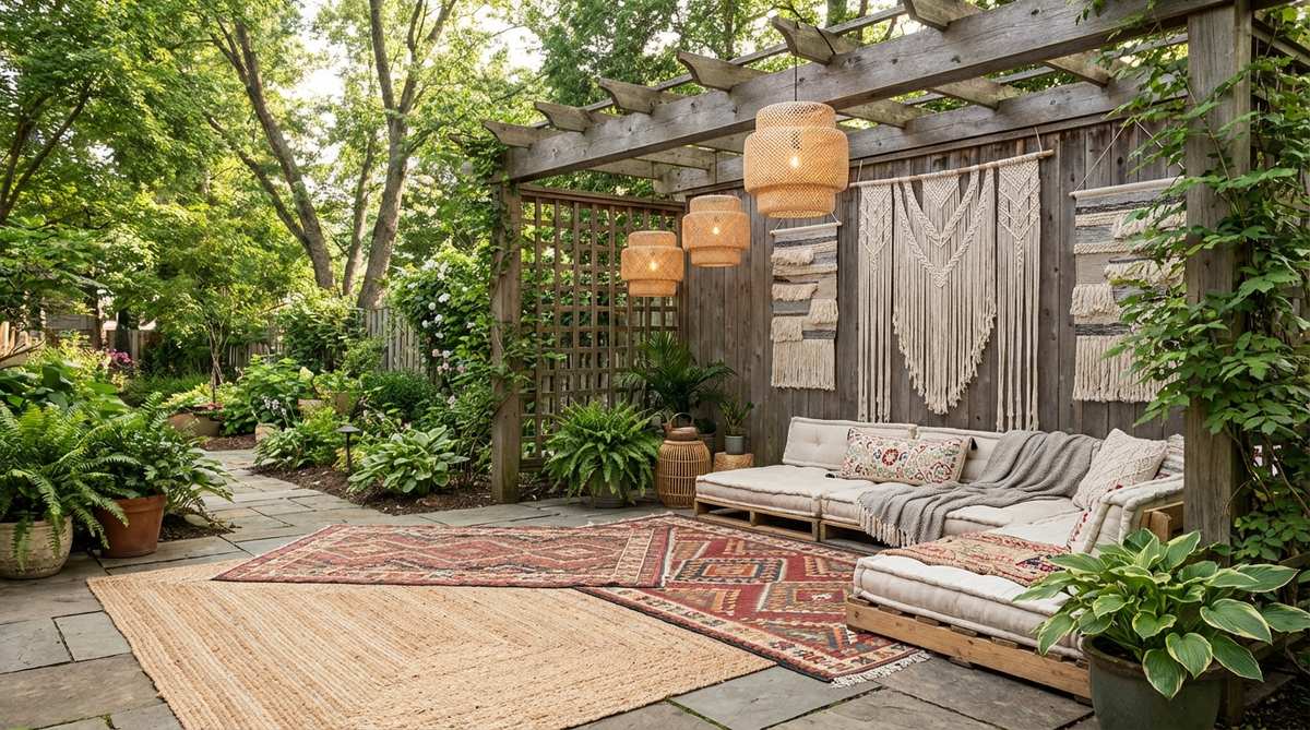 A boho-style room showcasing vertical layering with overlapping rugs, low seating with cushions, macramé wall art, and pendant lighting creating visual movement from floor to ceiling.