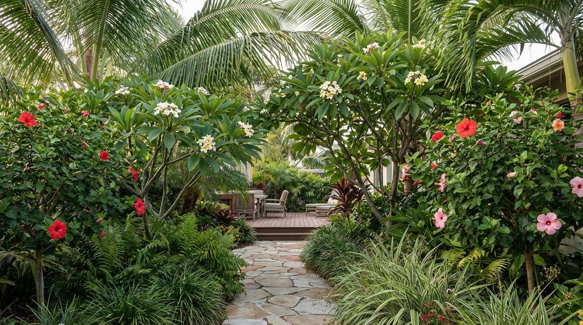 A lush tropical garden scene featuring a flowering canopy with frangipani and hibiscus trees, positioned as mid-level elements between 8-15 feet tall. The fragrant blooms add seasonal color and sensory depth, beautifully transitioning between tall palms and lower shrub layers in a tropical garden design.