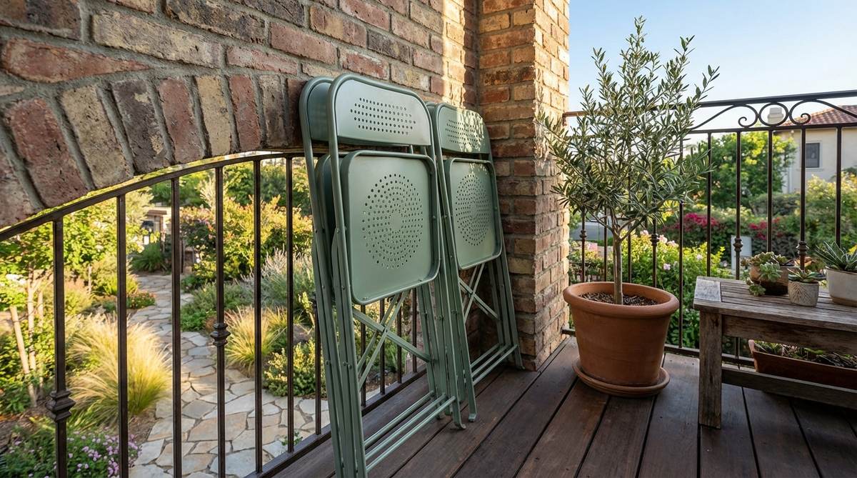 A pair of folding steel bistro chairs in a minimalist garden setting, featuring galvanized steel construction with perforated seats for water drainage. The chairs are shown in a powder-coated sage green finish, folded for compact storage on a balcony, highlighting their space-saving and multi-functional design ideal for small outdoor spaces.