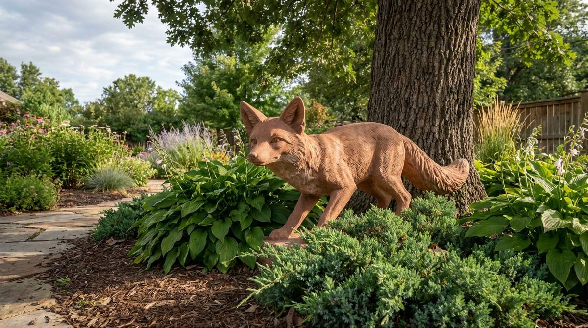 A stone garden sculpture of a fox in an alert stance, carved from reddish sandstone to mimic natural coloring, with angled ears and a focused gaze. The bushy tail adds sculptural balance, and it is positioned to emerge from shrub borders or peer around tree trunks, enhancing garden stealth and surprise. Medium-sized, it fits various garden scales and transitional zones.