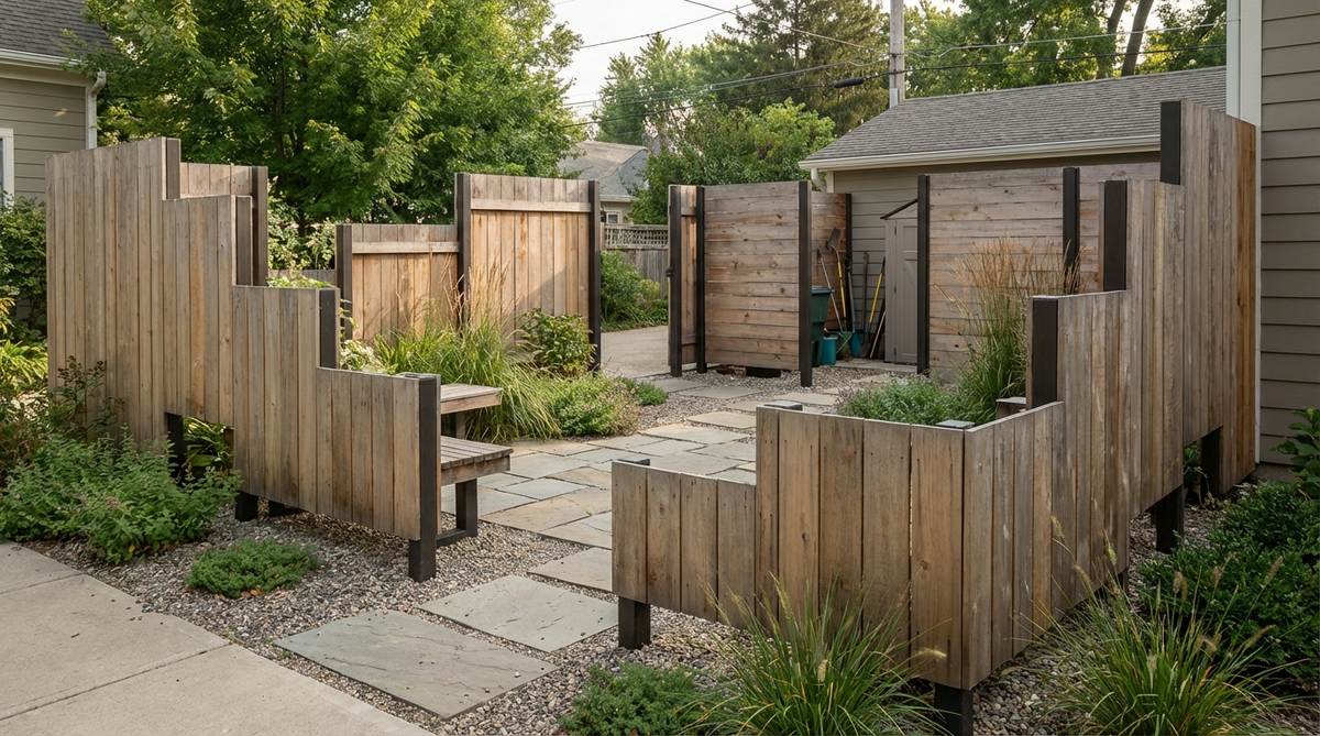 A small garden courtyard featuring staggered wooden panels mounted on posts, creating selective screening that adapts to irregular shapes. The arrangement allows passage between sections while blocking views from specific directions, with adjustable panel heights to conceal utility areas or create intimate zones.