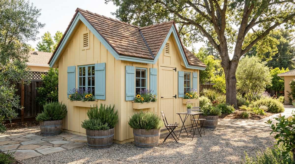 A charming mini garden shed designed as a French country retreat, featuring soft butter-yellow walls and robin's-egg blue shutters that evoke the Provence countryside. The steeply pitched roof is adorned with miniature clay tiles, and window boxes are filled with sculpted lavender and sunflowers. The design is complemented by surrounding elements like miniature bistro furniture, tiny wine barrel planters, and a gravel courtyard setting, with a color palette that coordinates beautifully with Mediterranean plants such as rosemary and thyme.