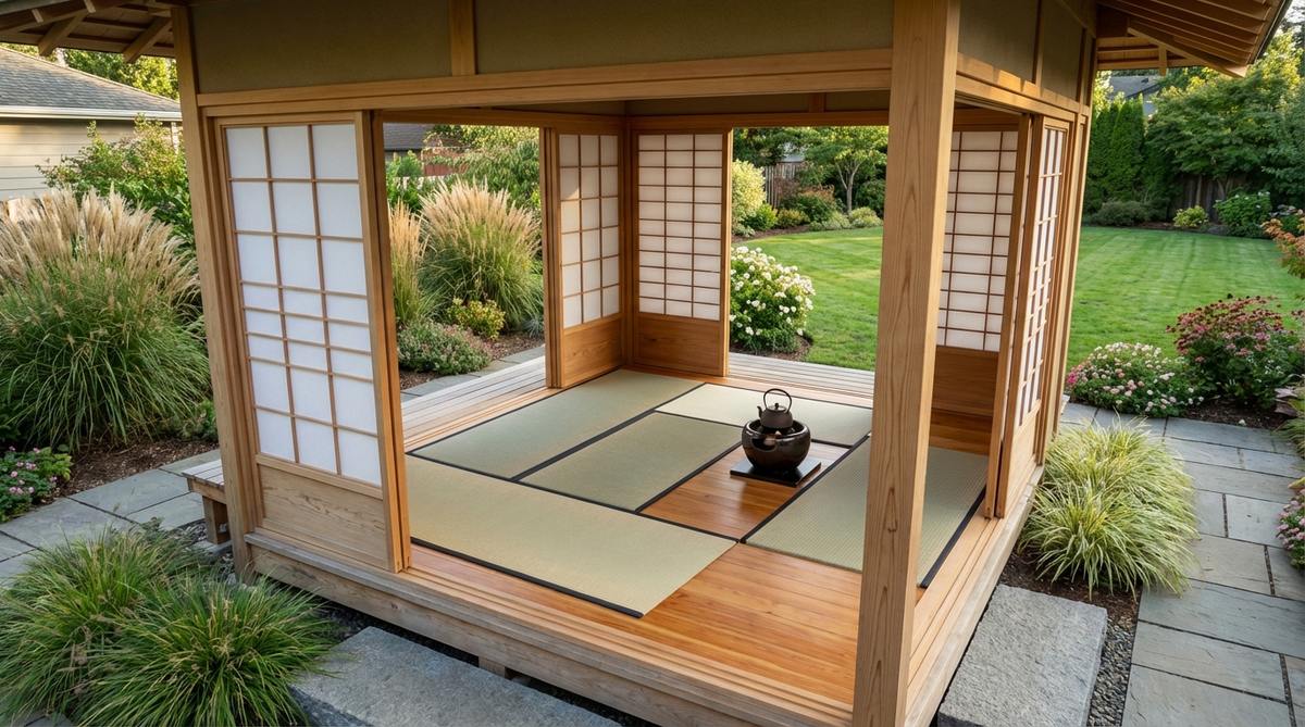 A flexible Japanese tea house room designed with an open floor plan, featuring a portable ceramic brazier for ceremonies during warmer months, with removable tatami sections and no permanent hearth infrastructure to suit seasonal variations.