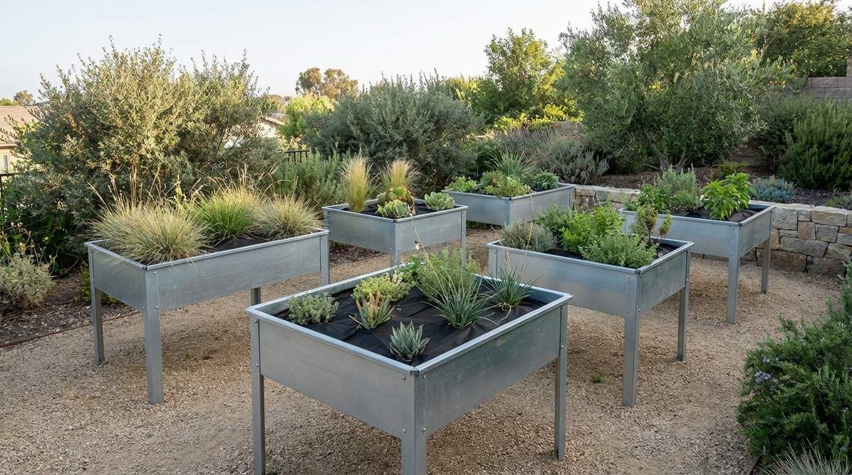 A contemporary garden featuring galvanized metal trough beds elevated on steel legs, arranged in a staggered pattern. The silver-gray patina of the troughs complements surrounding plants, with landscape fabric visible inside to protect the metal. Ideal for sun-exposed locations with efficient drainage.