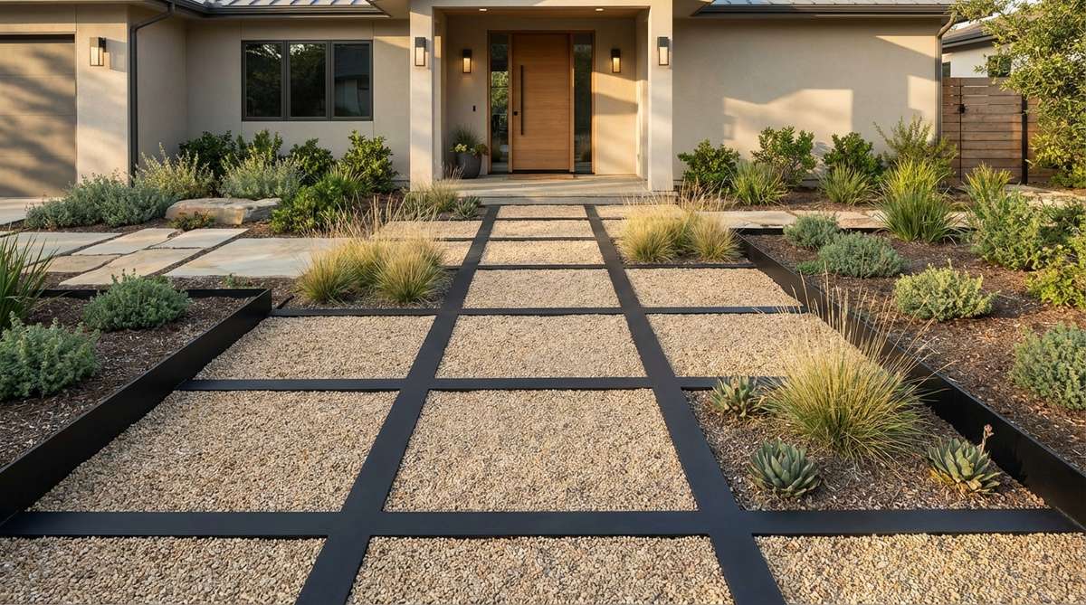 A modern geometric grid pathway made with metal strips forming squares filled with pea gravel, featuring powder-coated steel edging in black finish and optional planting pockets between gravel sections, suitable for courtyard or front entry settings.