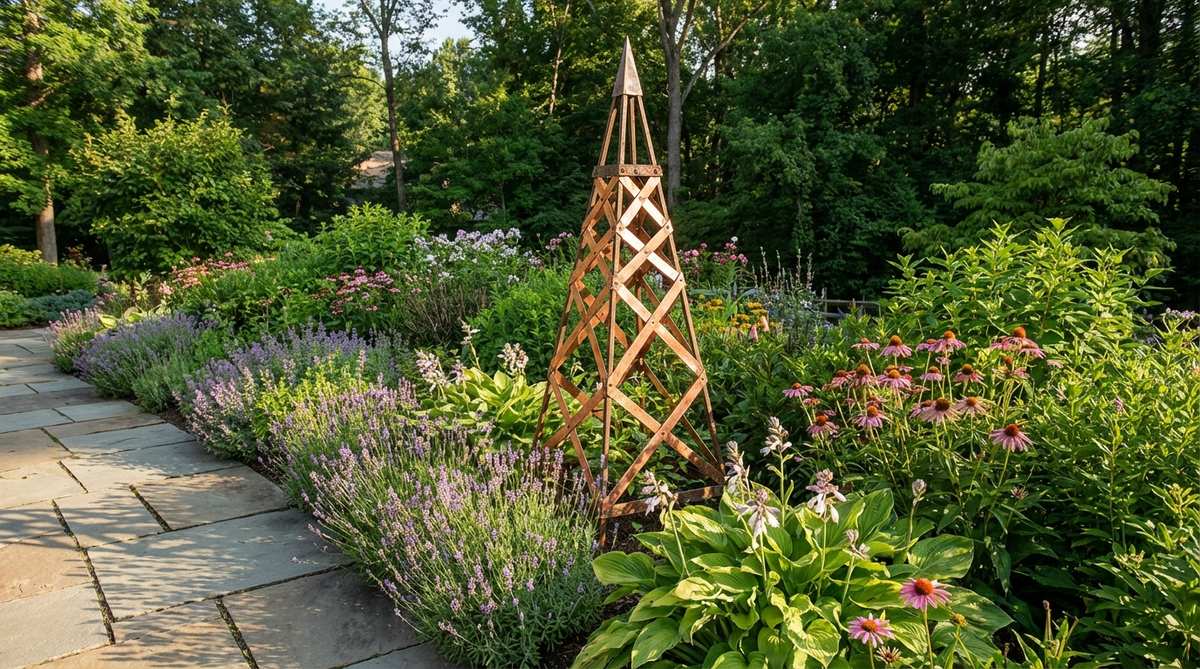 A vertical geometric obelisk structure in a garden, made of copper, wrought iron, or bamboo, used as a decorative element to add drama and rhythm in perennial beds or borders.