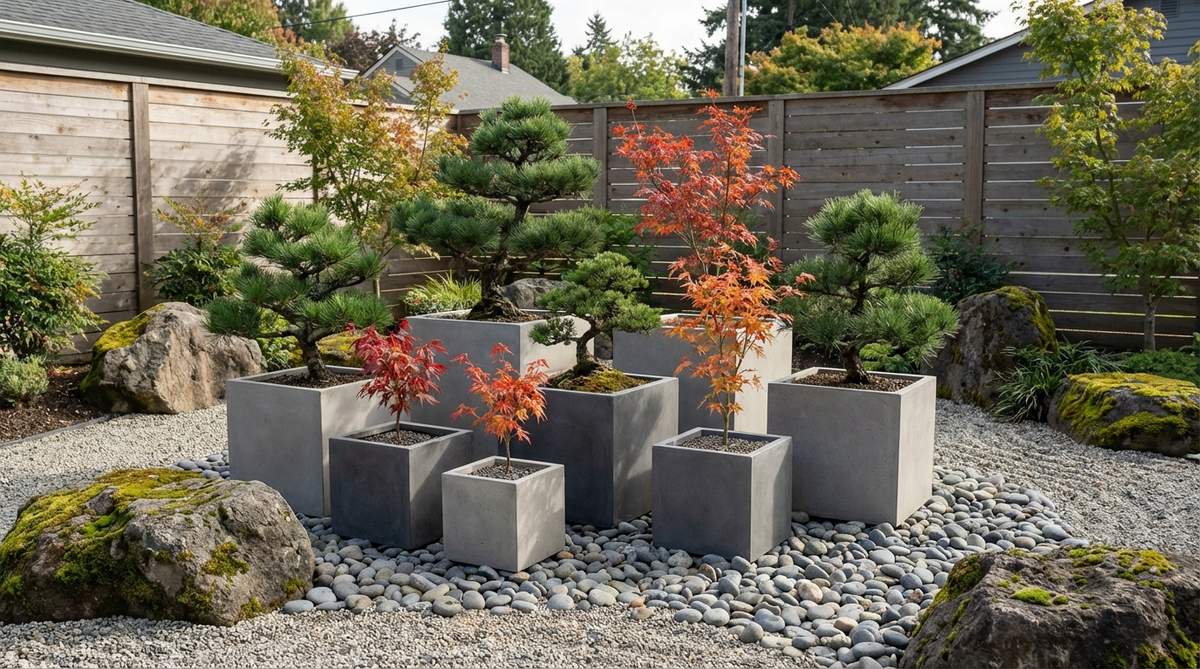 Cube and rectangular concrete planters arranged in an odd-numbered cluster, featuring black pine bonsai and Japanese maples, illustrating the blend of modern industrial design with natural elements in a Japanese rock garden.