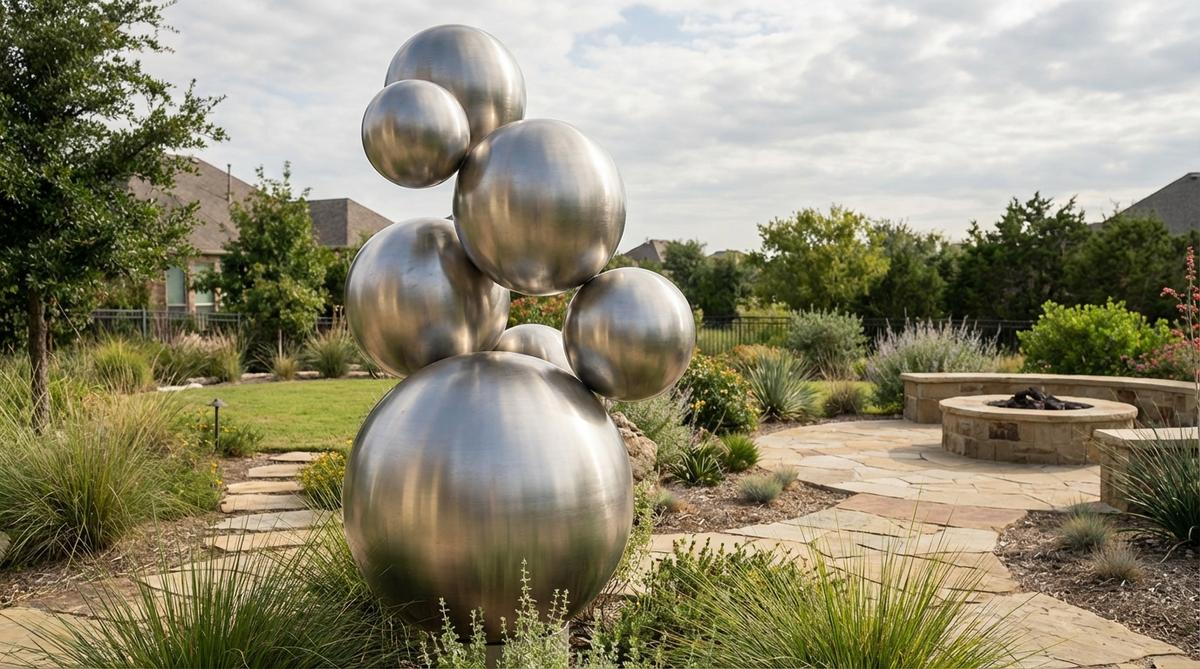A contemporary garden sculpture featuring multiple brushed stainless steel spheres in graduated sizes, arranged at varying heights to create a three-dimensional composition that catches ambient light and offers new perspectives from every angle.
