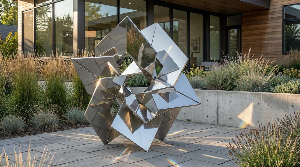 A contemporary garden sculpture featuring angular stainless steel panels arranged in geometric patterns. This freestanding piece plays with light refraction and environmental reflection, with each panel capturing different sections of the surrounding landscape. Perfect for urban gardens and modern architectural settings with clean lines and industrial materials.