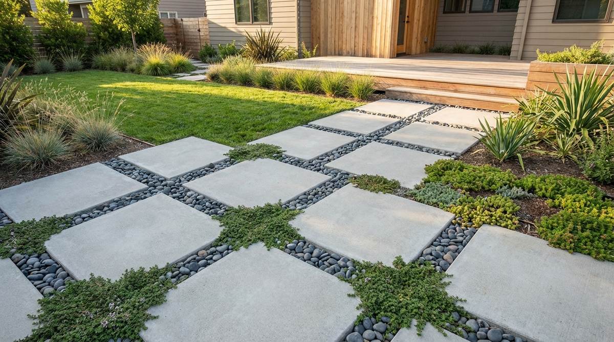 A modern garden pathway featuring precisely arranged square concrete pavers in a geometric grid pattern, with negative spaces filled with dark pebbles or groundcovers to soften the structured design while maintaining clean lines and comfortable walking intervals.
