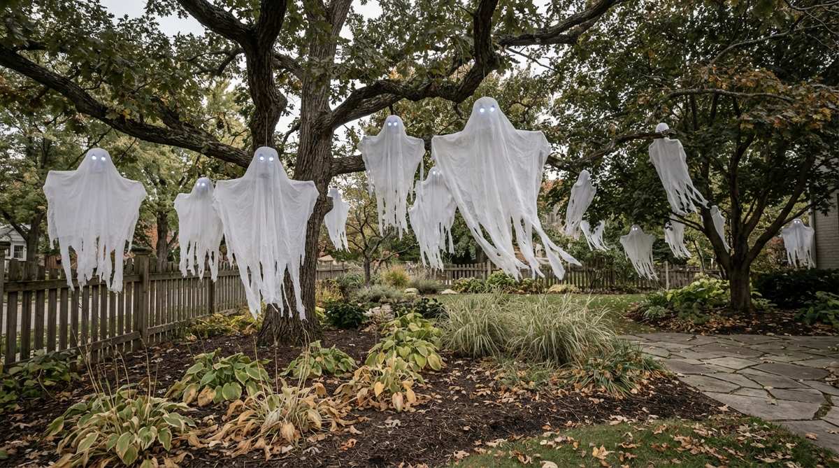 A spooky Halloween outdoor decor scene showing white fabric ghosts suspended from tree branches, creating a haunted canopy effect with movement in the breeze.
