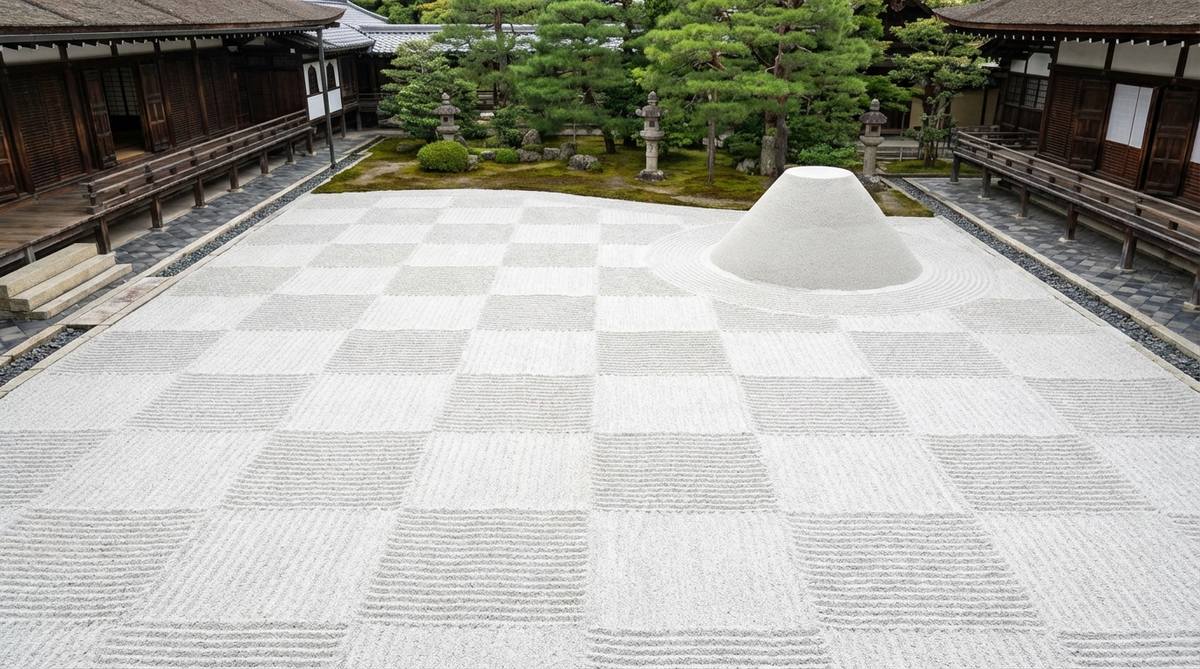 Aerial view of the Ginkakuji Silver Pavilion's Sea of Sand garden in Kyoto, featuring two distinct sand formations: a flat 'sea' raked in perfect parallel lines creating a checkerboard pattern that mimics rippling water, and a conical mound called Kogetsudai rising 180 centimeters high. The garden uses fine white sand from Kyoto's Shirakawa River for its reflective properties, with the geometric precision of the sand sculpting contrasting beautifully with the organic surroundings of the traditional Japanese Zen garden.
